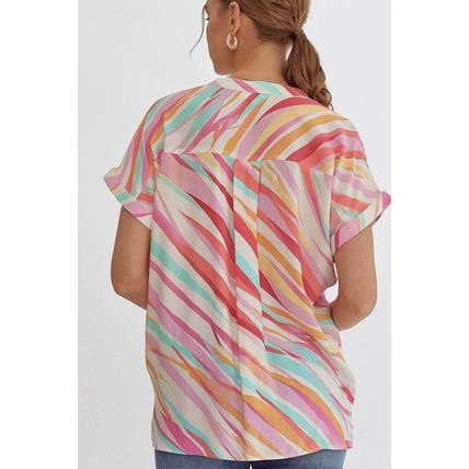 White Abstract Print Short Sleeve Notched Neck Plus Size Top