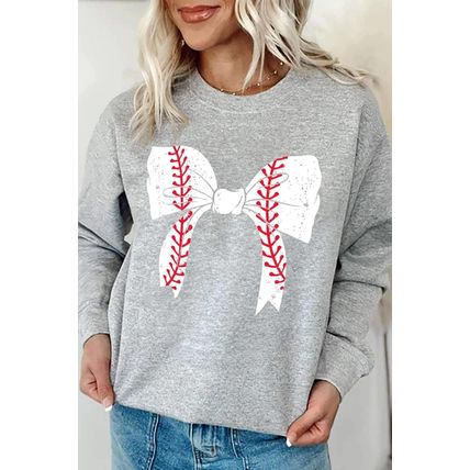 Gray Rugby Football Bowknot Graphic Game Day O Neck Sweatshirt