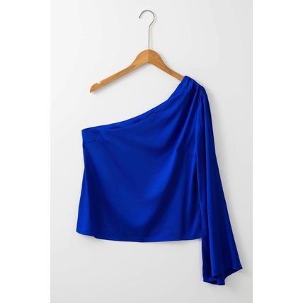 Dark Blue Asymmetric One Shoulder Bell Sleeve Satin Blouse