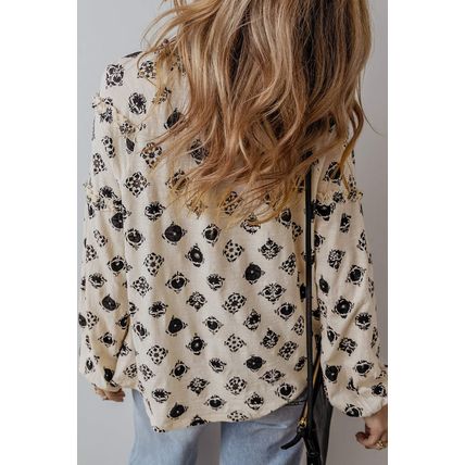 White Printed Split Neck Bubble Sleeve Loose Blouse