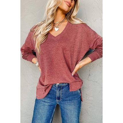Racing Red Side Slits V Neck Loose Fit Tunic Top