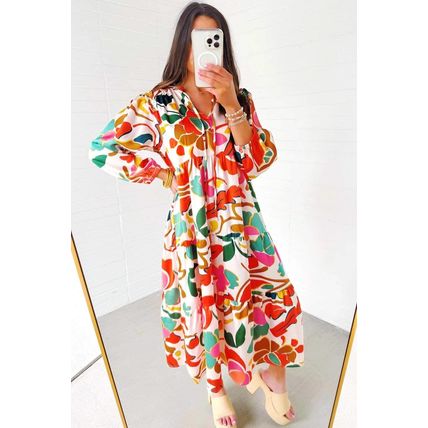 Orange Floral Print Split V Neck Tiered Maxi Dress