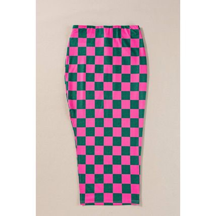 Rose Checkered Print Side Slit High Waist Midi Skirt
