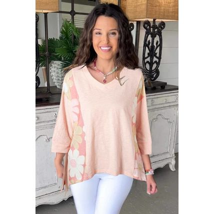 Pink Flower Patchwork Exposed Seam Oversized High Low Top