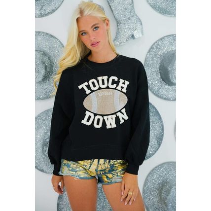 Black TOUCH DOWN Football Graphic Pullover Sweatshirt