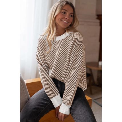 Coffee Contrast Edge Crew Neck Drop Shoulder Sweater
