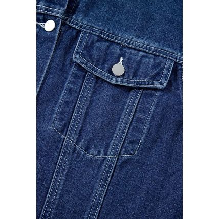 Navy Blue Ruffle Raw Hem Flap Pockets Denim Jacket