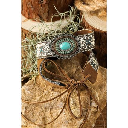 Light Blue Western Pattern Turquoise Decor Lace-up PU Leather Hat Band