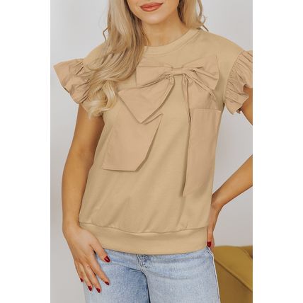 Parchment Two Tones Ribbon Bow Ruffle Sleeve Top