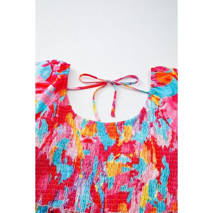 Rose Abstract Printed Puff Sleeve Square Neck Smocked Bust Tied Back Plus Size D