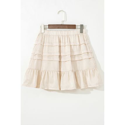 Beige Tiered Ruffled Hemline Elastic Waist Mini Skirt