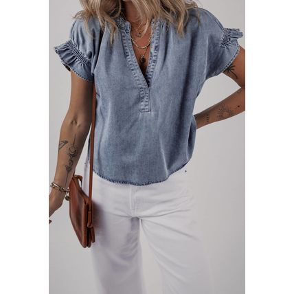 Dusk Blue V Neck Ruffled Short Puff Sleeve Denim Top