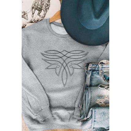 Gray Western Pattern Embroidered Drop Shoulder Pullover Top