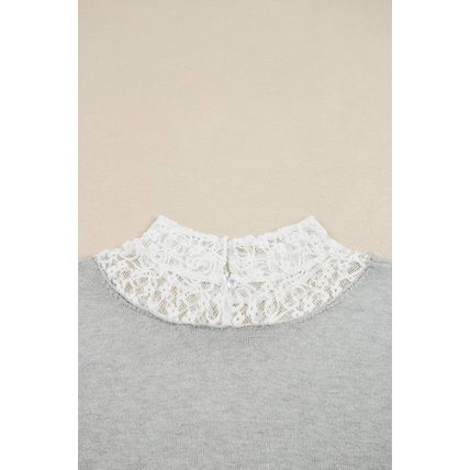 Light Grey Button Keyhole Lace Patchwork Drop Shoulder Sweater