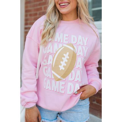 Pink GAME DAY Football Rugby Print Casual Sweatshirt