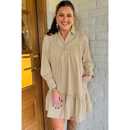 Brown Stripe Collared Neck Cuffed Long Sleeve Drop Waist Mini Dress
