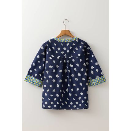 Blue Floral Print Half Sleeve Contrast Trim V Neck Blouse
