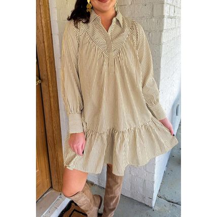 Brown Stripe Collared Neck Cuffed Long Sleeve Drop Waist Mini Dress