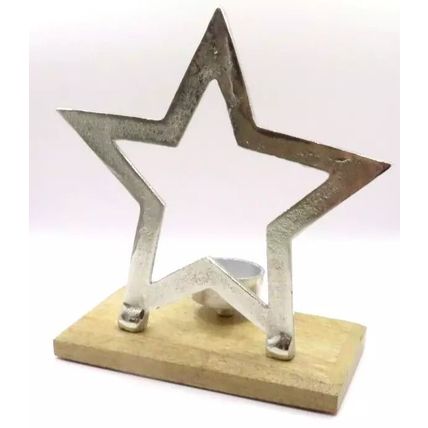 Silver Star Metal Tealight Holder on a Wooden Base 22 CM Gift Home Decor Votive