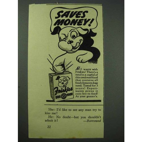 1939 Friskies Dog Food Ad - Saves Money!