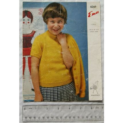 Vintage: Emu 6261 girl's jumper & cardigan, 4 ply, 24-32 inch