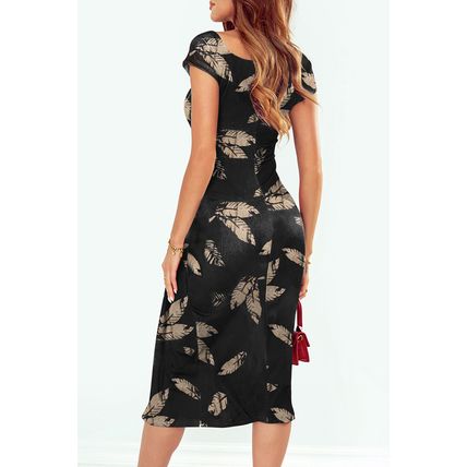 Black Pattern Print Off Shoulder Slit Bodycon Midi Dress