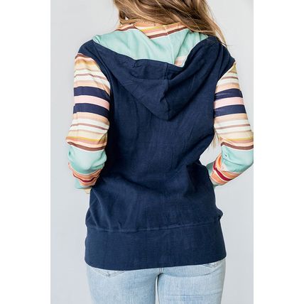 Blue Striped Color Block Thumbhole Sleeve Full Zip Hoodie