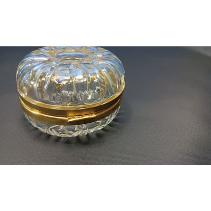 Vintage Cut Glass Crystal Round Gold Trim BowTie Hinged Dresser Trinket Box Bow