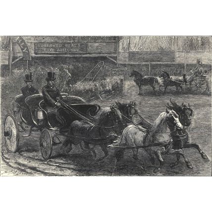 FOUR-IN-HAND AND TANDEM PONIES - BOAT RACE, CHISWICK 1872 VICTORIAN ENGRAVING