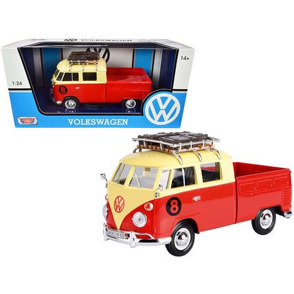 Volkswagen Type 2 (T1) #8 Pickup Truck with Roof Rack and Luggage Red and Yel...