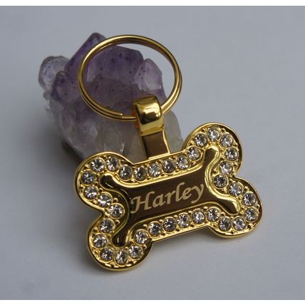GOLD DIAMANTE BONE DOG TAG PERSONALISED BOTH SIDES IN VELVET GIFT BAG