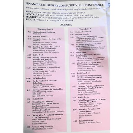 Financial Industry Computer Virus Conference Program - New York City, June, 1989