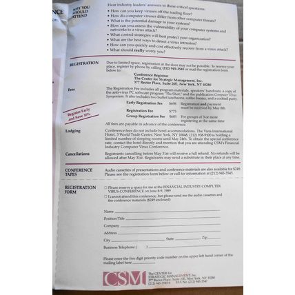 Financial Industry Computer Virus Conference Program - New York City, June, 1989