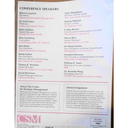 Financial Industry Computer Virus Conference Program - New York City, June, 1989