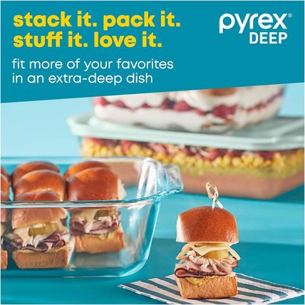 Pyrex Deep 3-Pack Glass Baking Dish Set (9"X13", 7"X11", 8"X8") with Bpa-Free Li