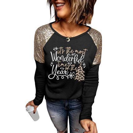 Black Wonderful Christmas Season Graphic Sequin Shoulder Top