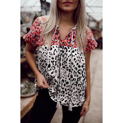 Leopard Mix Print Tassel Tie Blouse