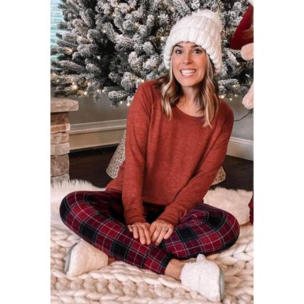 Solid Long Sleeve Top and Plaid Pants Loungewear