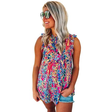 Rose Floral Print Tank Top with Ruffles