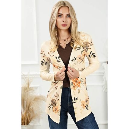 Apricot Floral Print Ribbed Knit Slim Fit Cardigan