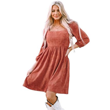 Brown Suede Square Neck Puff Sleeve Dress