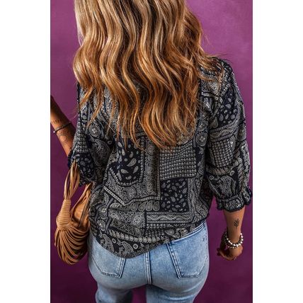 Navy Blue Vintage Boho Paisley Print 3/4 Sleeve Blouse