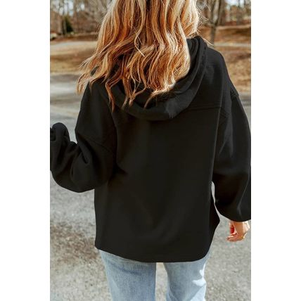 Black Plus Size Bishop Sleeve Zip Up Hooded Jacket