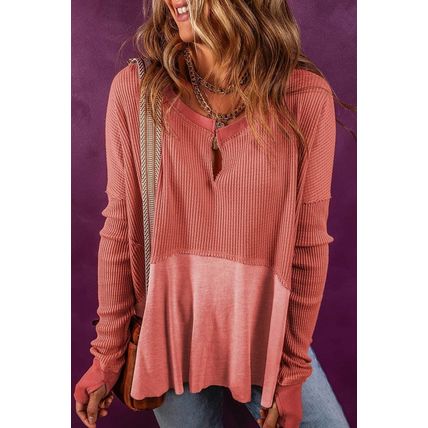 Mineral Red Exposed Seam Slit Neck Waffle Knit Patchwork Top