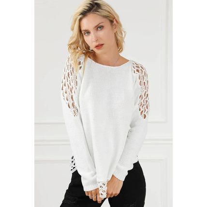 White Solid Scoop Neck Hollow Out Sweater