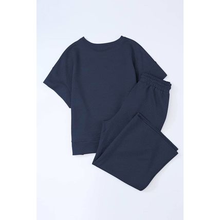 Navy Blue Textured Loose Fit T Shirt and Drawstring Pants Set