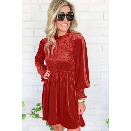 Red Clay Frilled Neck Smocked Bodice Velvet Dress