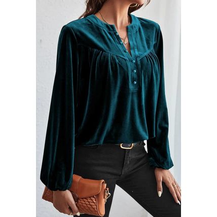 Skobeloff Lantern Sleeve Beaded Split V Neck Velvet Top