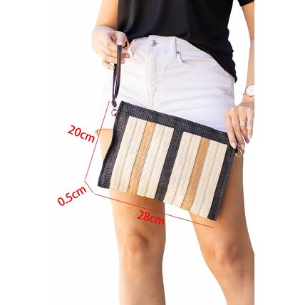 Black Contrast Striped Straw Woven Shoulder Bag