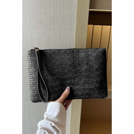 Black Straw Woven Wrist Strap Zipper Large Wallet